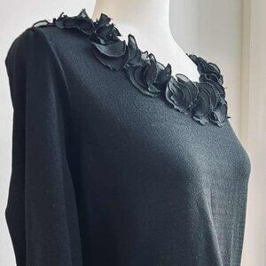 Nygard Collection Black Rayon-Blend Top with Chiffon Rosette Neckline – US L/XL